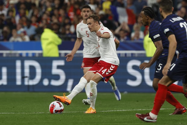 Denmark's Mikkel Damsgaard in action against France in June.