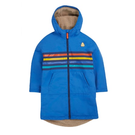 A blue changing robe with rainbow strips across the chest on a white background
