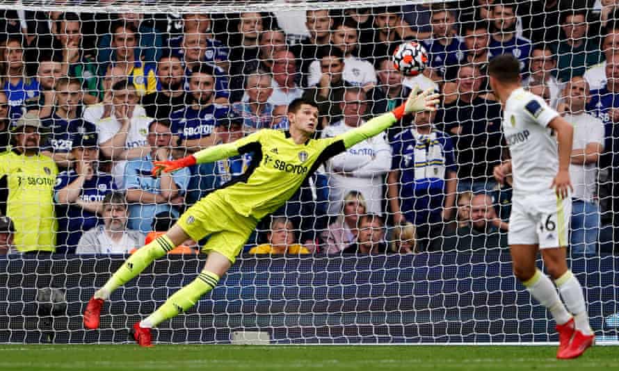 Illan Meslier makes a save against West Ham