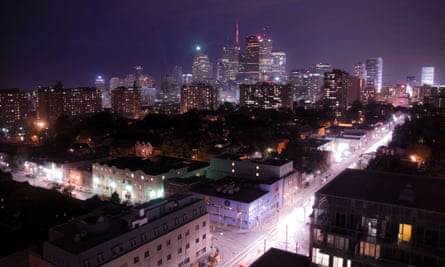 A view of the Toronto city skyline by night, as seen from the Regent Park neighbourhood.