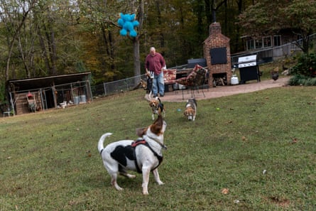 Malcolm Pinkston tosses a toy at his Envigo beagle in Hillsborough, North Carolina.