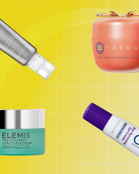 Composite image of four different eye creams on a yellow background.