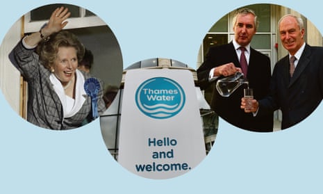 Three part composite image showing Margaret Thatcher waving from a window, a large sign bearing the Thames Water logo saying 'Hello and welcome', and Bill Alexander pouring Dietmar Kuhnt a glass of water from a jug