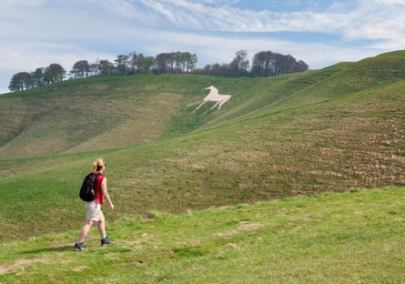 Woman walking on the hills around the White Horse at Cherhill, near Calne, England, UK.MNF9FH Woman walking on the hills around the White Horse at Cherhill, near Calne, England, UK.