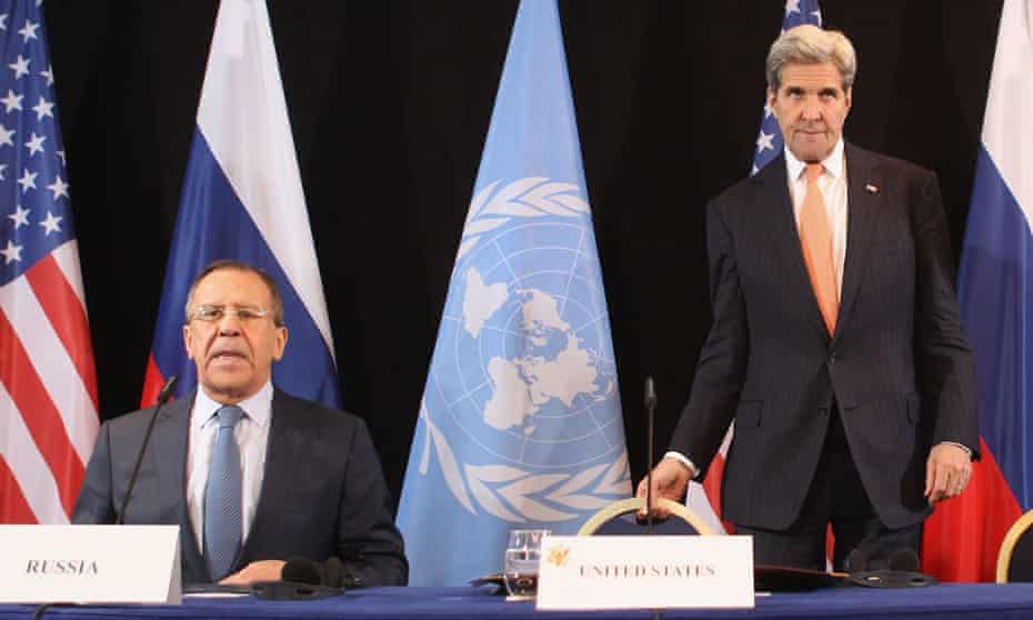 Russian Foreign Minister Sergey Lavrov and US Secretary of State John Kerry arrive for a press conference following a meeting of the International Syrian Support Group (ISSG) in Munich, Germany. 