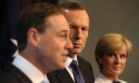 Environment minister Greg Hunt, Tony Abbott and Julie Bishop.