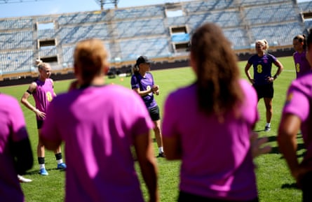 Sarina Wiegman (centre), speaks to the players during a training session in Heraklion, Greece.