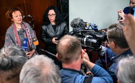 Anna Stavitskaya (C) and Maria Eismont (L), lawyers of jailed Russian opposition figure and journalist Vladimir Kara-Murza, who is serving a 25-year sentence over charges including treason over criticism of the Ukraine offensive, talk to media in Russia's supreme court on Wednesday.
