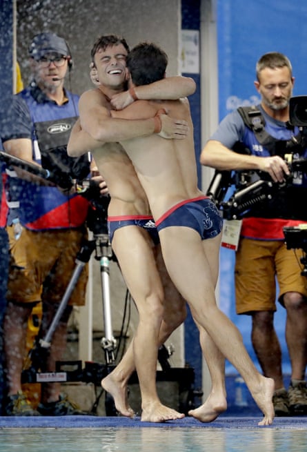 Britain’s Tom Daley, left, and Daniel Goodfellow celebrate winning bronze.