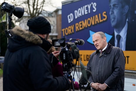 Ed Davey speaking to journalists after launching his campaign poster in Guildford this morning.