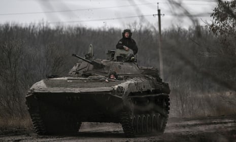 A Ukrainian armoured vehicle drives towards Bakhmut at the weekend.