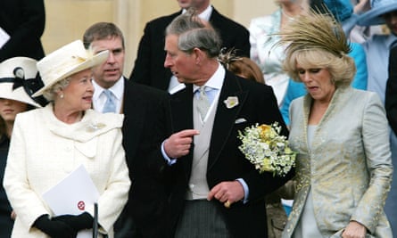 Charles speaks with his mother as he and his wife Camilla, Duchess of Cornwall, leave St George’s Chapel in Windsor.