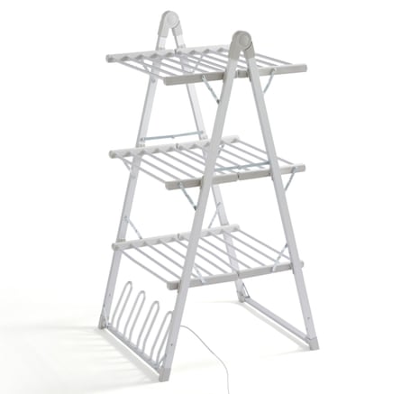 The white/light grey Dunelm 3-Tier A-Frame Heated Airer empty and on a white background