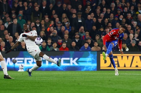 Michael Olise scores Crystal Palace’s fourth goal.