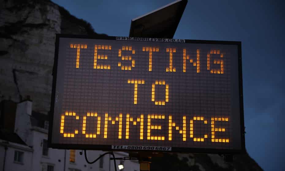 A digital sign saying 'testing to commence' in Dover, England