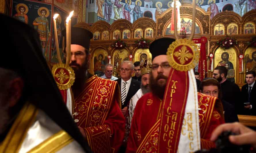 Prime Minister Scott Morrison in procession at Greek Orthodox Easter service.
