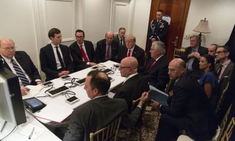 President Donald Trump receives a briefing on the Syria military strike from his National Security team.