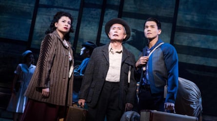 Takei (centre), looking troubled, with Lea Salonga and Telly Leung in Allegiance.