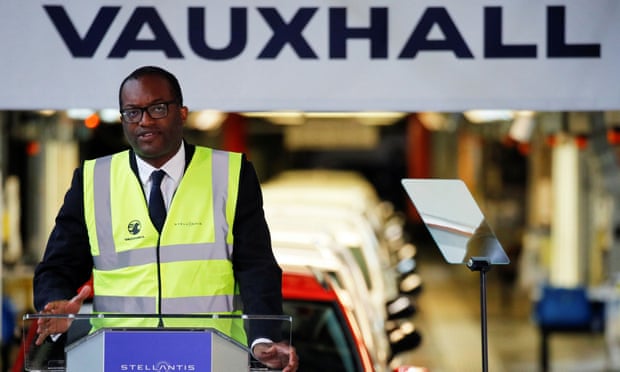 The business secretary, Kwasi Kwarteng, speaks at a news conference at the Vauxhall car factory in Ellesmere Port