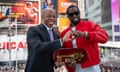 FILE - This photo provided by the Office of the New York Mayor, shows Mayor Eric Adams, left, presenting the Key to the City to hip-hop artist Sean "Diddy" Combs in New York's Times Square, Friday, Sept. 15, 2023. Combs has returned his key to New York City after a request from Adams in response to the release of a video showing the music mogul attacking R&amp;B singer Cassie, officials said Saturday. (Office of the New York Mayor/Caroline Rubinstein-Willis via AP)