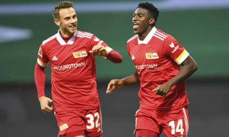Union’s scorer Taiwo Awoniyi, right, and Marcus Ingvartsen celebrate after taking a 2-0 lead at Werder.