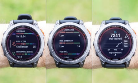 Various images of the Fenix ​​7 Pro showing Hill Score, Endurance and Vo2 Max measurements.