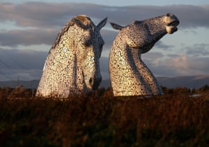 The 30 metre-high horse-head sculptures known as the Kelpies in Falkirk, Scotland