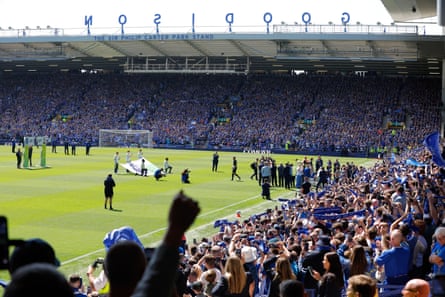 Crowds gather before Everton’s final men’s game at Goodison Park against Southampton.