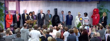 Lord Buckethead stands alongside Theresa May in Maidenhead in the 2017 general election.