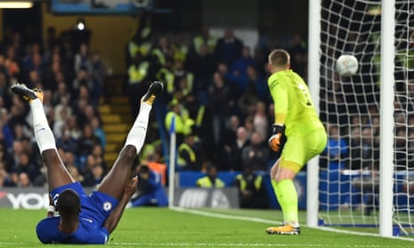 Chelsea’s Antonio Rüdiger, left, watches his looping header go in off a post in their League Cup fourth-round tie against Everton.