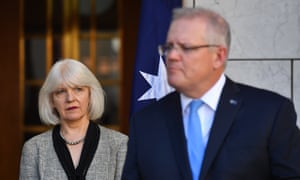 Australian Prime Minister Scott Morrison coronavirus press conference in Canberra<br>epa08423255 Australian National Mental Health Commission CEO Christine Morgan (L) and Australian Prime Minister Scott Morrison (R) speak to the media during a press conference regarding coronavirus, in Canberra, Australia, 15 May 2020. According to media reports, Australia has recorded over 6,000 cases of coronavirus and COVID-19.  EPA/MICK TSIKAS  AUSTRALIA AND NEW ZEALAND OUT