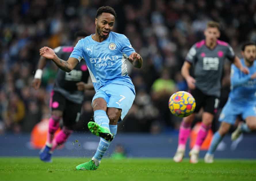 Raheem Sterling scores a penalty against Leicester in December 2021