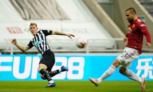 Emil Krafth’s cross pinballs off of Luke Shaw and in