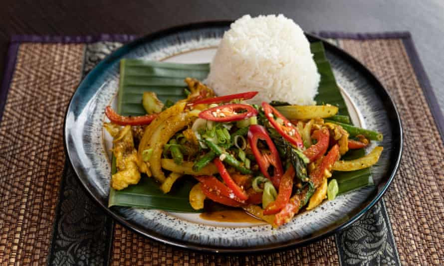 Cha groeung chicken (spicy lemongrass stir-fry) at Kambuja restaurant in Marple, Greater Manchester, UK