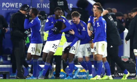 Kelechi Iheanacho of Leicester City celebrates scoring his teams second goal.