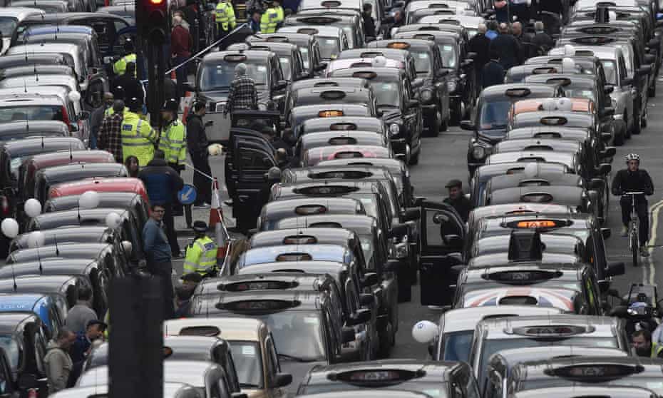 London cab drivers protest against Uber in central London in 2016.