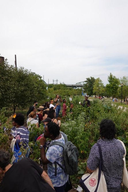 people walk through park