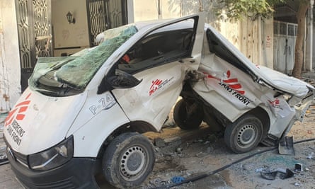 One of five clearly marked MSF vehicles that the organisation says were destroyed by Israeli forces outside a Gaza City clinic on 20 November