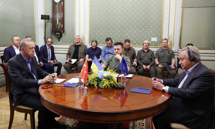 Turkish President Recep Tayyip Erdogan meets with Ukrainian President Volodymyr Zelenskyy and United Nations Secretary-General Antonio Guterres
