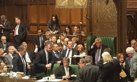 MPs surrounding John Bercow in the Speaker’s chair as he used his casting vote after a tie, the first time a Speaker had had to do that since 1993.