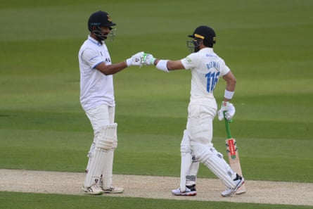 Cheteshwar Pujara (left) and Mohammad Rizwan batting together for Sussex at Hove in April