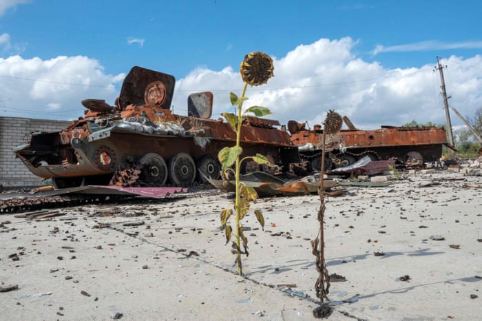 Destroyed military vehicles and equipment are seen in the village of Husarivka, not far from the city of Balakliya.