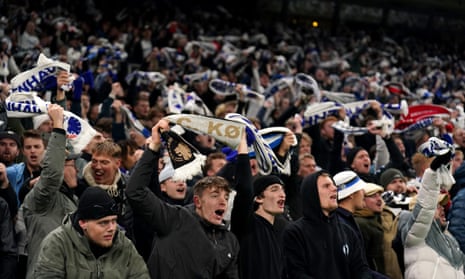 Copenhagen fans show their support in the stands during the UEFA Champions League group game against Manchester United.