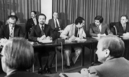 Ahmed Zaki Yamani, second left, attending the negotiations between the Organisation of Petroleum Exporting Countries (Opec) and the representatives of the western oil companies in 1973.