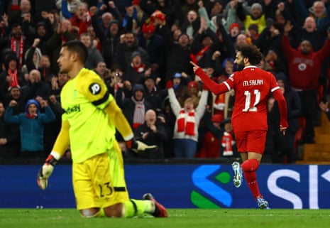 Liverpool's Mohamed Salah celebrates scoring their fourth goal.