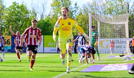 Exeter’s Jack Bycroft celebrates his equaliser against Stockport