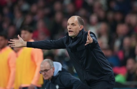 Thomas Tuchel gestures from the touchline at Wembley during England v Uruguay