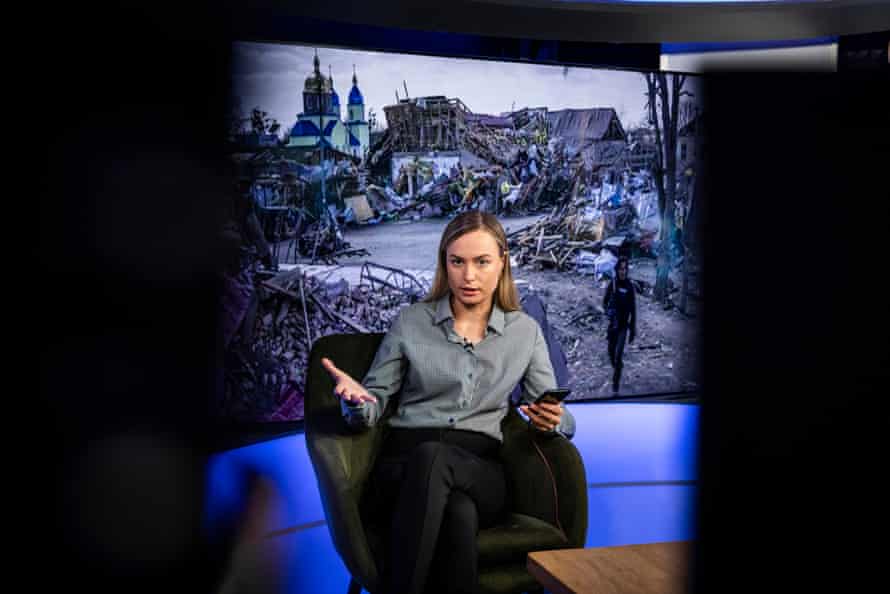 Anchor Olga Volkova going live on Outro Fevrale TV station studio in central Kyiv, Ukraine, which was founded by former Duma deputy Illia Ponomariov