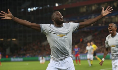 Romelu Lukaku celebrates scoring Manchester United’s first goal. 