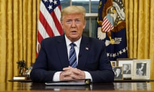 Donald Trump addresses the nation from the Oval Office of the White House, 11 March 2020.